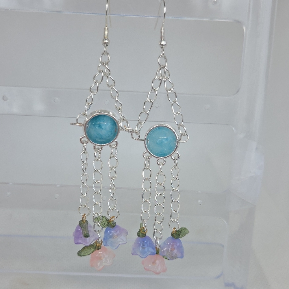 Chic Silver Earrings with Blue and Floral Charms